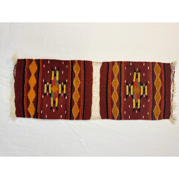 Vtg Handwoven Southwestern Mexico Wool Rug Wall Hanging Runner 32" x 12” - Picture 1 of 4